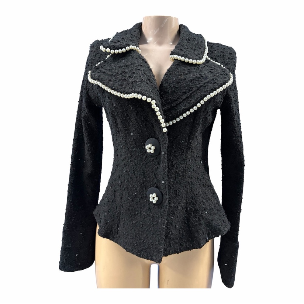 Design today  Black Pearl-Trim Bouclé Jacket - Women’s Elegant Coat